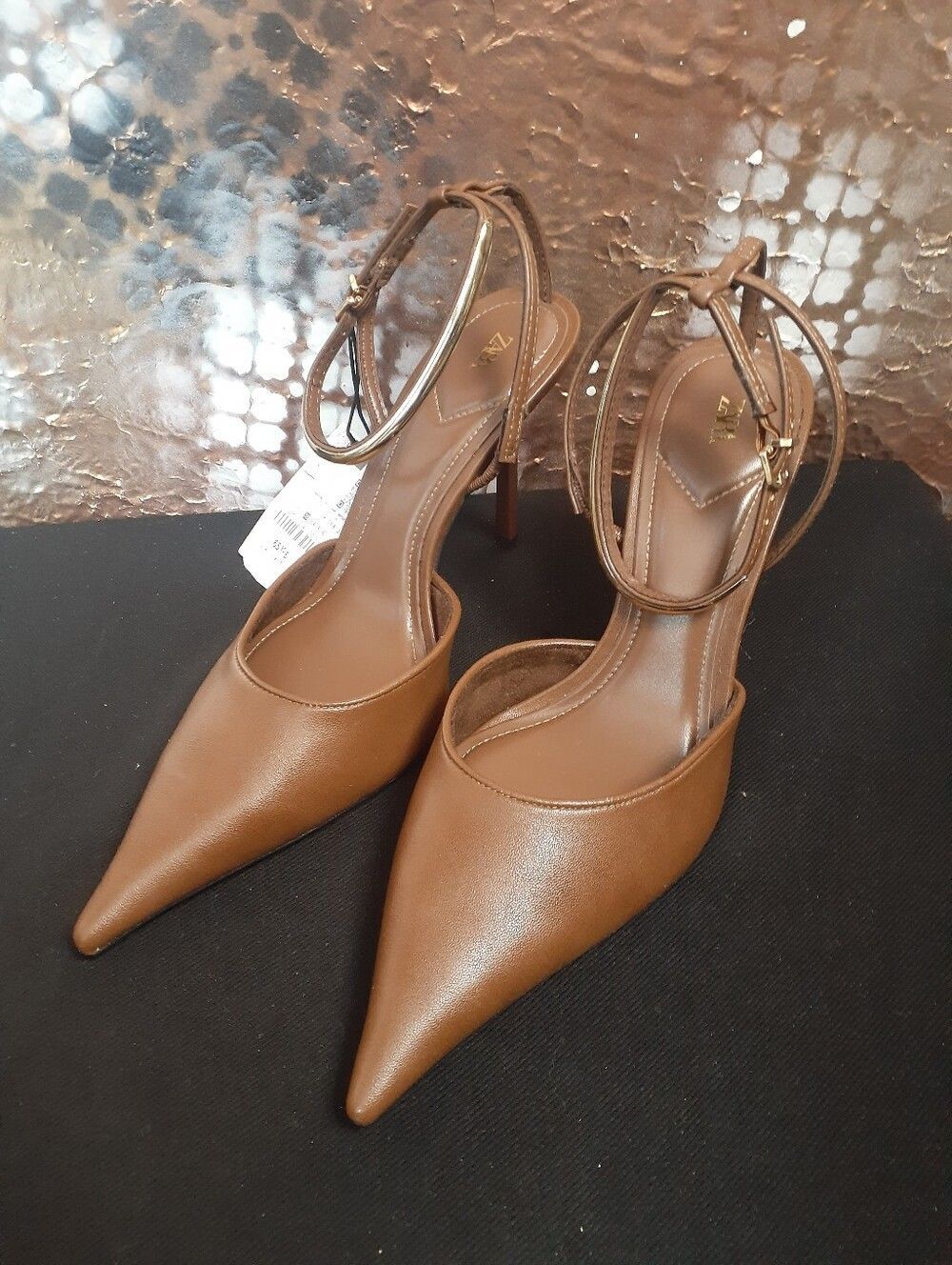 Zara Nwt Latte Brown Pointed-Toe Stiletto Slingback Heels In Faux Leather - Picture 11 of 16